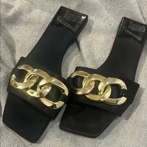 Jeffrey Campbell Black and Gold Sandals with Elegant Design size 10 square heel - Picture 3 of 8